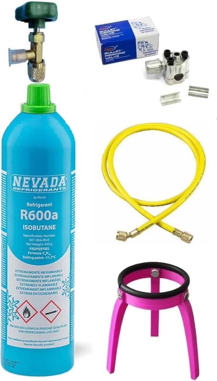 Reparatieset voor koelkast en vriezer met fles R600a 420 g Premispil uitgang 1/4 inch M slang 90 cm boorventiel voor koperen buis