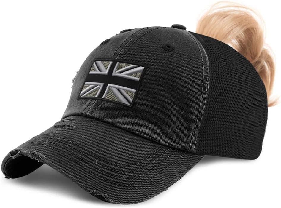 Speedy Pros Ponytail Cap Women's Baseball Cap Embroidered British Flag Black White England English Cotton