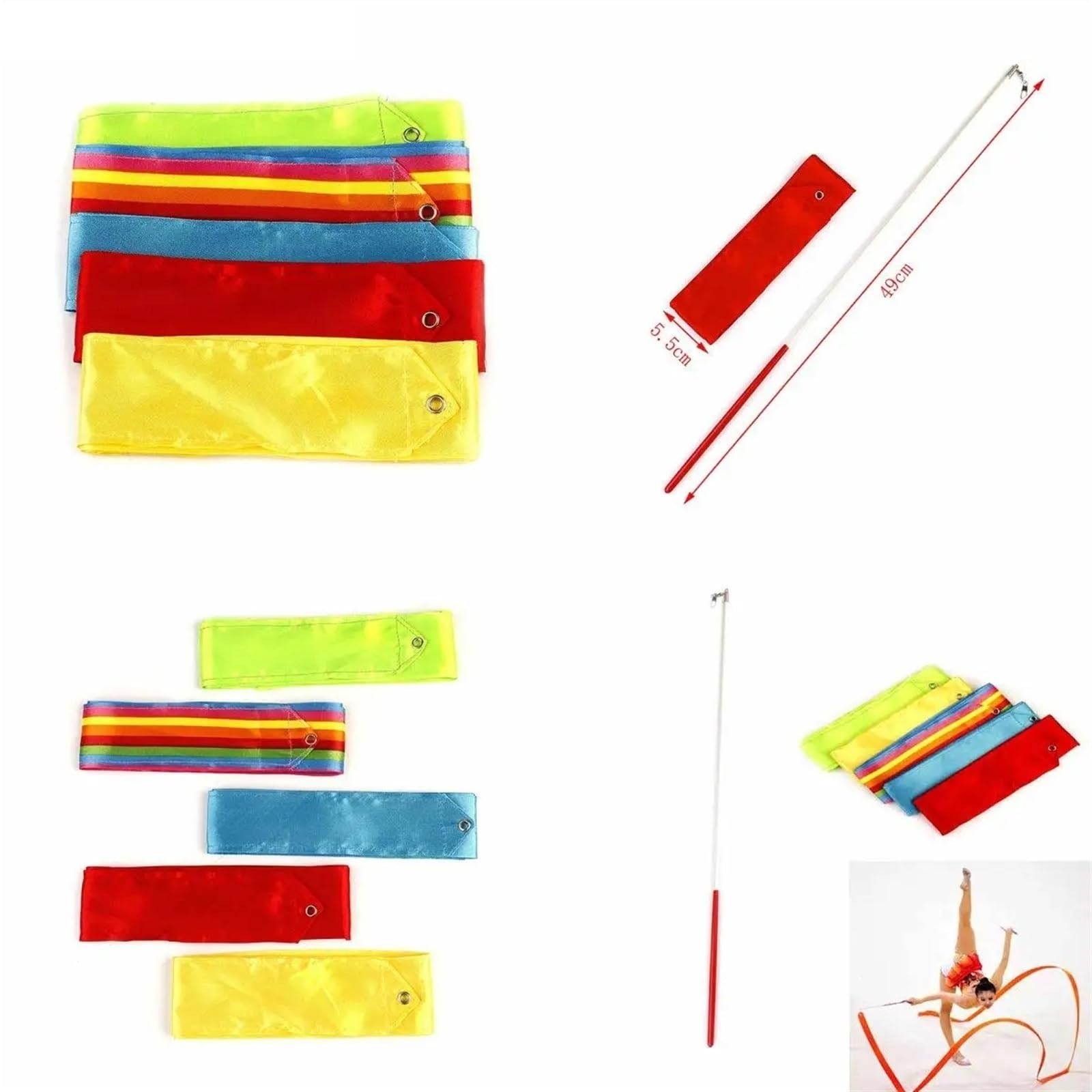 Bacchetta da Ballo con Nastro, 6m Nastri da Palestra Colorati Nastro da Danza Arte Ritmica Ginnastica Balletto Streamer Asta Girevole Bastone Allenamento(Multicolor)