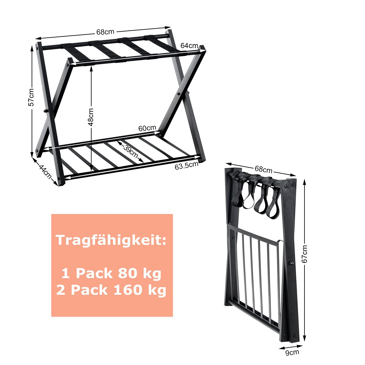 RELAX4LIFE Kofferständer Metall, Kofferablage mit 2 Ebenen, Gepäckablage klappbar, Kofferbock mit 4 Gurten, Gepäckständer für Schlafzimmer Gästezimmer Hotel, Kofferablage für Gepäck, Schwarz (2 Pack)