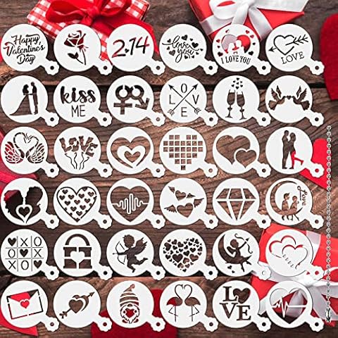 JULBEAR Valentine's Day Cookie Stencils, 36 Pieces Reusable Cookie Coffee Decorating Stencils Templates Mold Tools for Cookies Baking Painting Dessert Coffee Decoration DIY Valentines Party Decor Cover