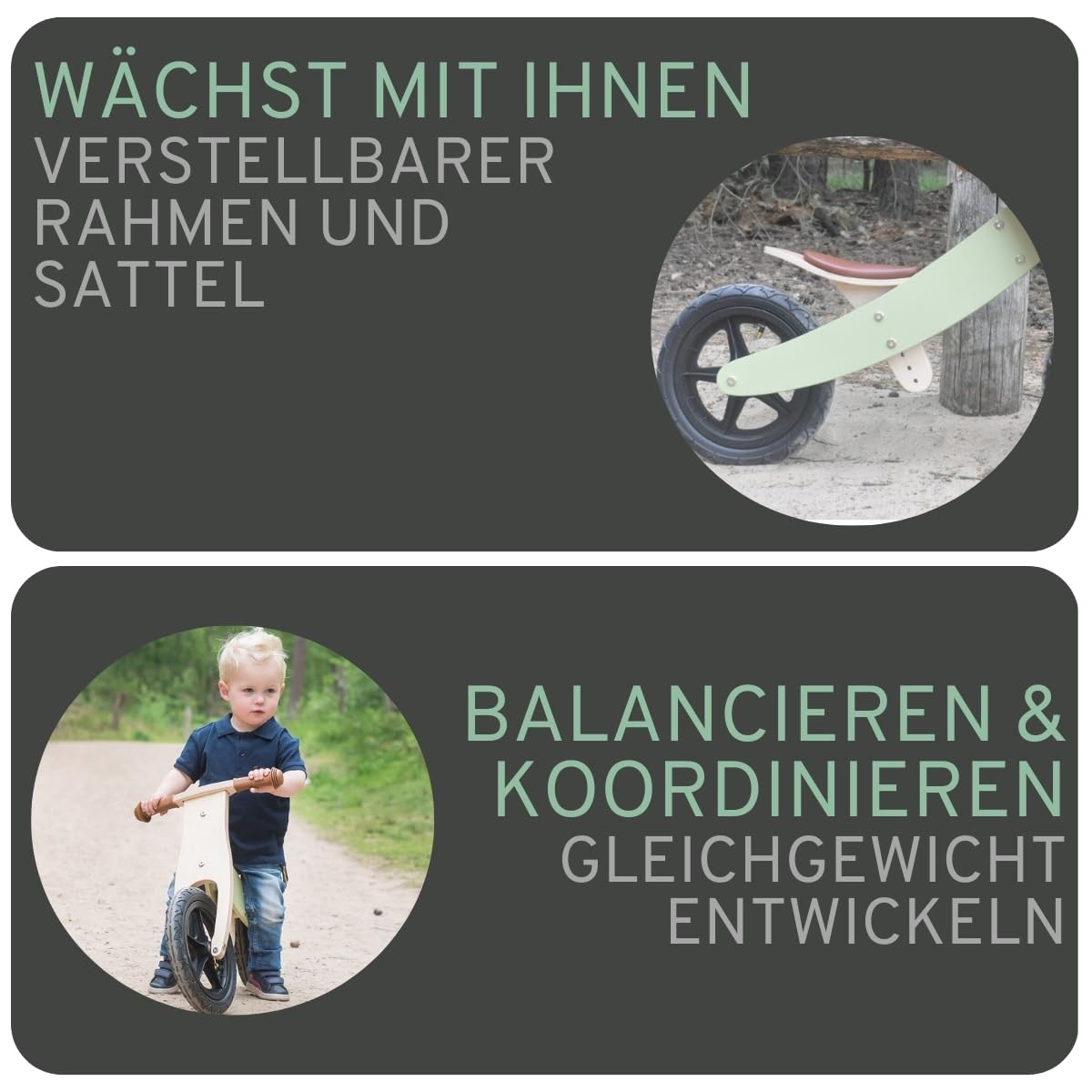 Bandits & Angels Holzlaufrad Retro Grün 2 in 1 Grün ab 2 Jahren – Wenderahmen – Sattel höhenverstellbar – Laufrad aus Holz – für Jungen und Mädchen