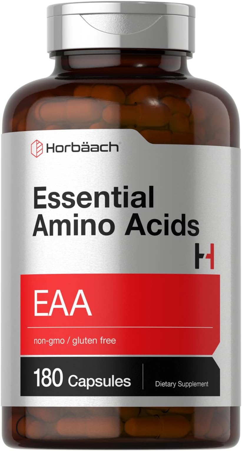 Horbaach Essential Amino Acids | 180 Capsules | EAA with BCAAs L-lysine, L-Leucine, L-Threonine, L-Tryptophan & L-Valine | Non-GMO, Gluten Free Supplement