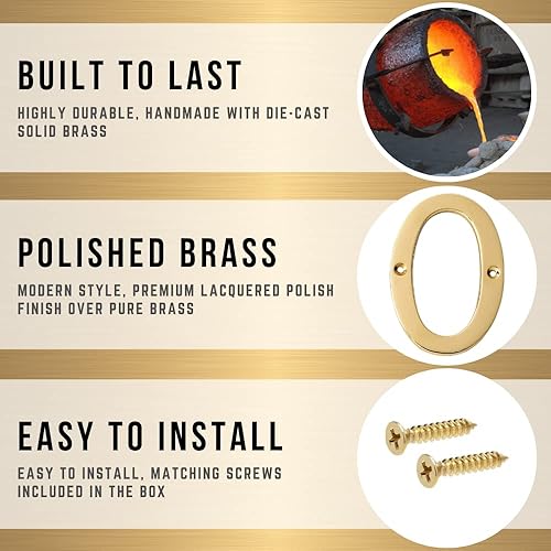 Miniatura 10 de Motif - Números de buzón de latón macizo lacado pulido de 4 pulgadas, números de casa para números de casa exteriores, letrero de dirección para