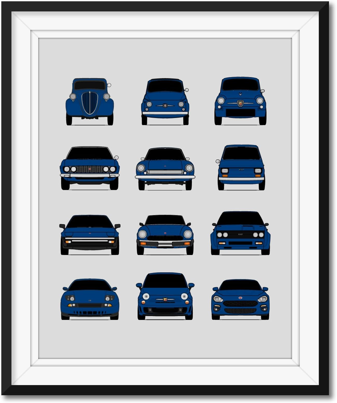 Fiat History and Evolution Inspired Car Poster Print Wall Art Handmade Decor Best of Fiat Generations- Blue, 8x10" Satin Print (Unframed) - Perfect Gift for Car Enthusiast