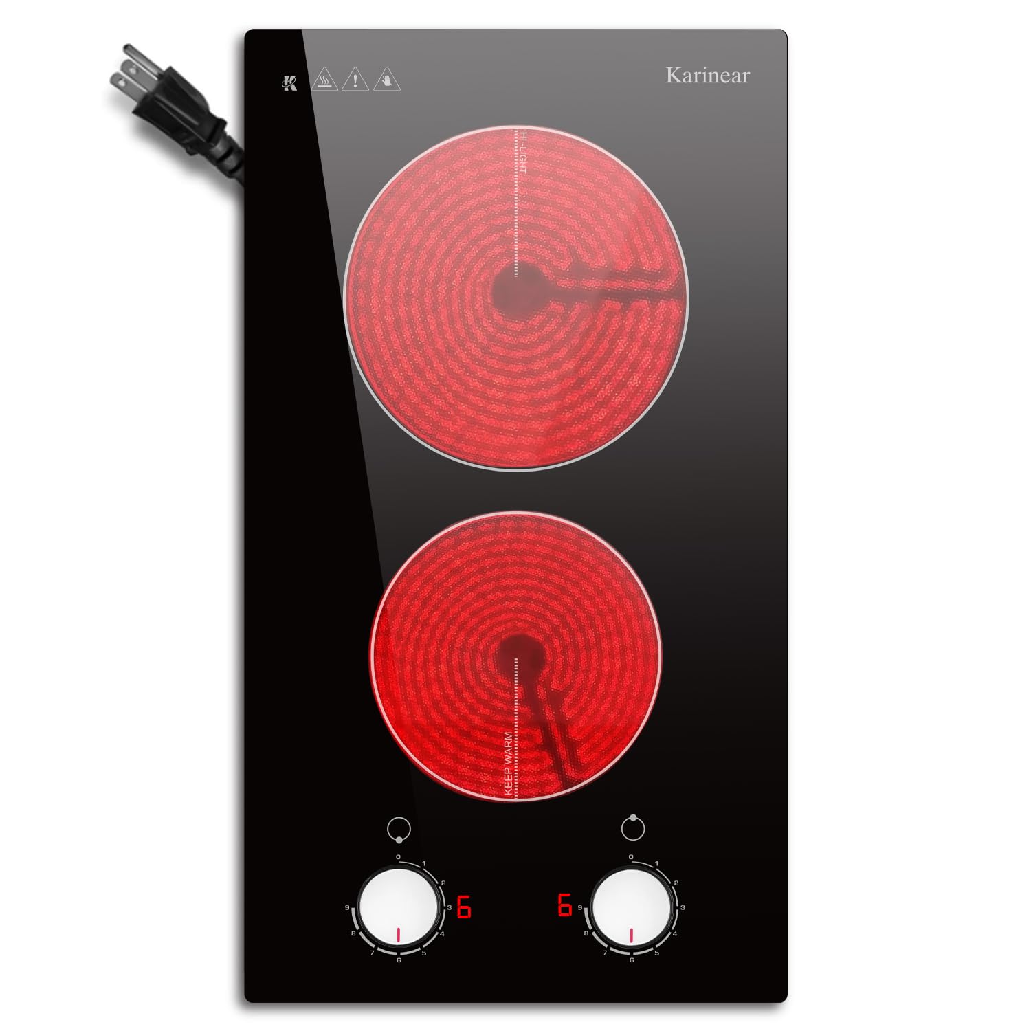 Karinear 110V Electric Cooktop 2 Burners Electric Stove 12 Inch Knob Control Countertop & Built-in Ceramic Cooktop, 9 Heating Level, Hot Warning, Over-Temperature Protection(White Knob)