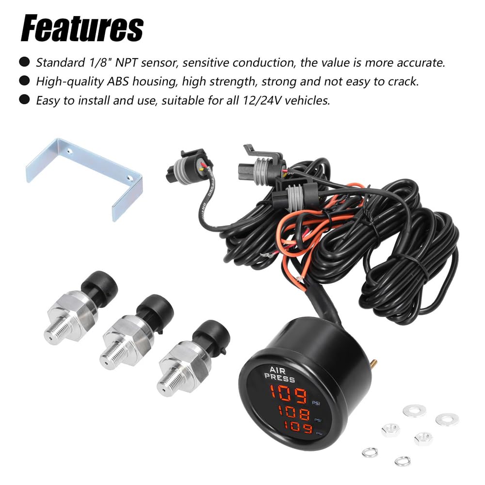 aqxreight Manomètre à Triple Affichage LED Numérique 0 220 Psi avec 3 Capteurs 1/8 NPT pour Véhicules 12/24 V, Jauge de Suspension pour Camions, SUV, Voitures Modifiées
