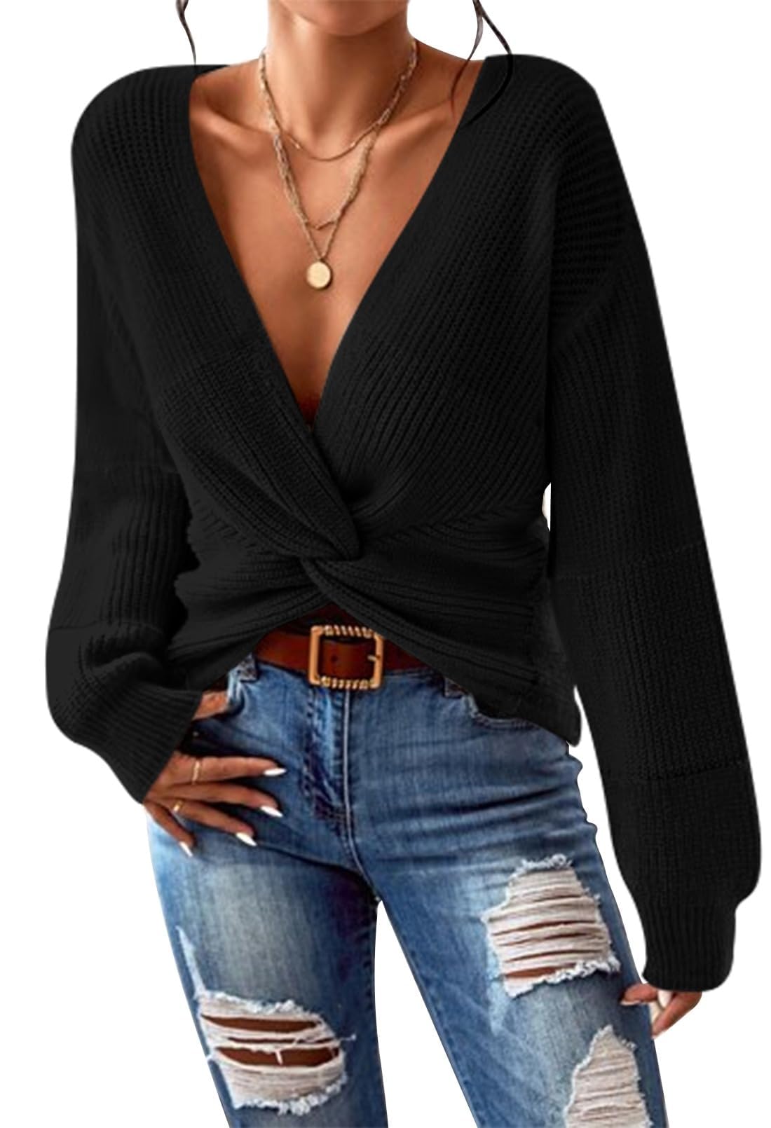 Pink Queen Womens 2025 Casual Pullover Sweaters Sexy V Neck Long Sleeve Twist Knot Cropped Knit Sweater Tops