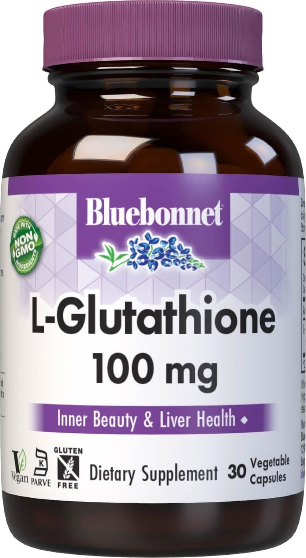 Bluebonnet Nutrition L-Glutathione 100mg, Free-Form Amino Acid, for Free Radical Protection, Soy-Free, Gluten-Free, Non-GMO, Kosher Certified, Vegan, 30 Vegetable Capsules, 30 Servings