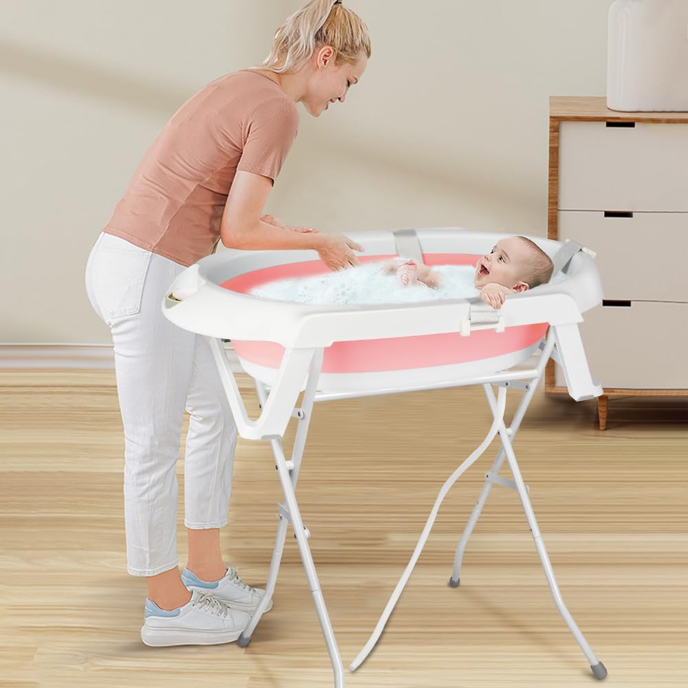 Babybadewanne mit Gestell, Baby Badewanne Faltbar mit Badekissen - Baby Bathtub Duschwanne für Neugeborene Kleinkinder 0-24 Monate (Rosa-D)