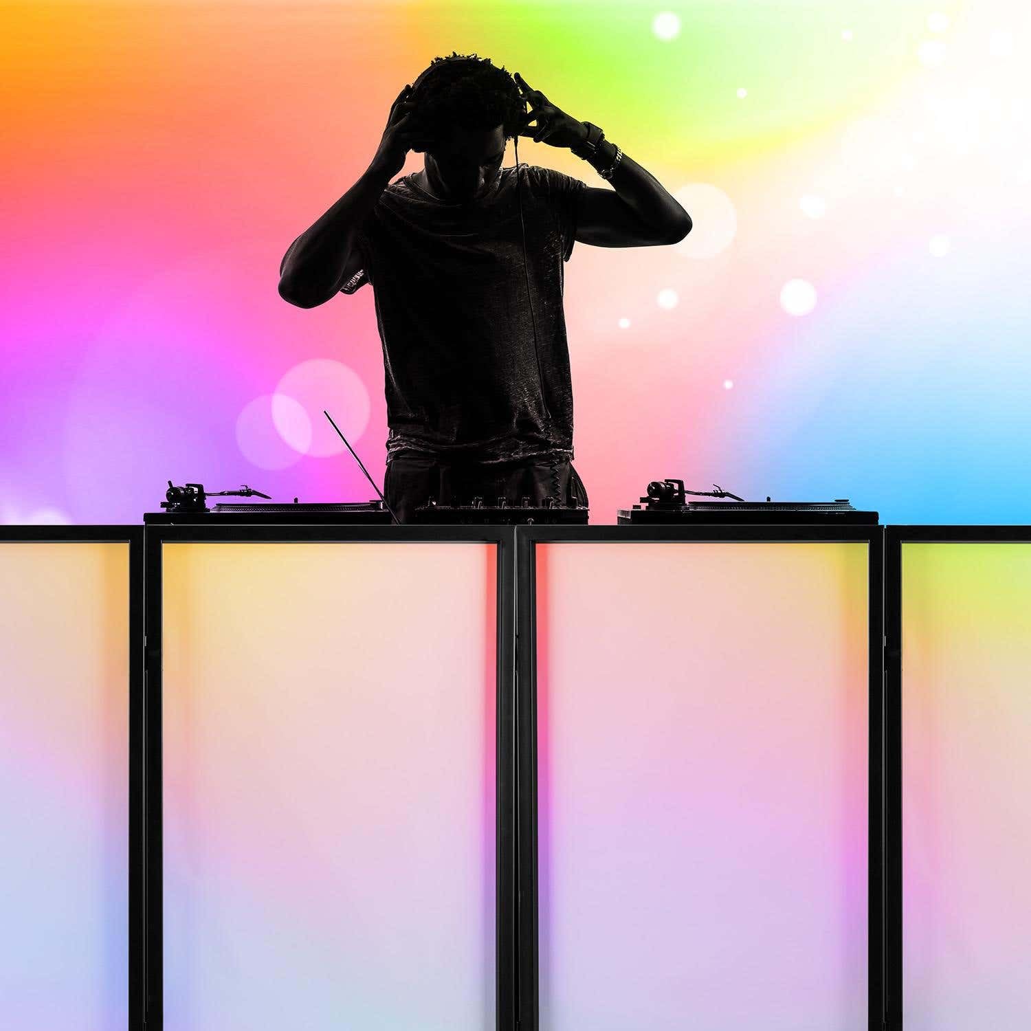 Vonyx DB2 DJ Screen, Verkleidung für DJ Pult zusammenklappbarer und mobiler DJ Stand, 280cm x 120xm, Booth, mit integrierter Leinwand für ein professionelles Bühnenbild, Weiß