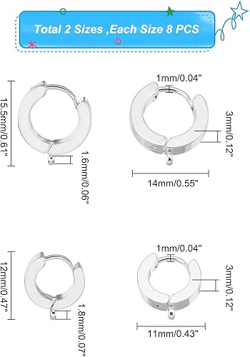 Miniatura 2 de DICOSMETIC 24 piezas de 2 estilos de acero inoxidable Huggie Hoop Leverback pendientes hallazgos redondos franceses con gancho abierto