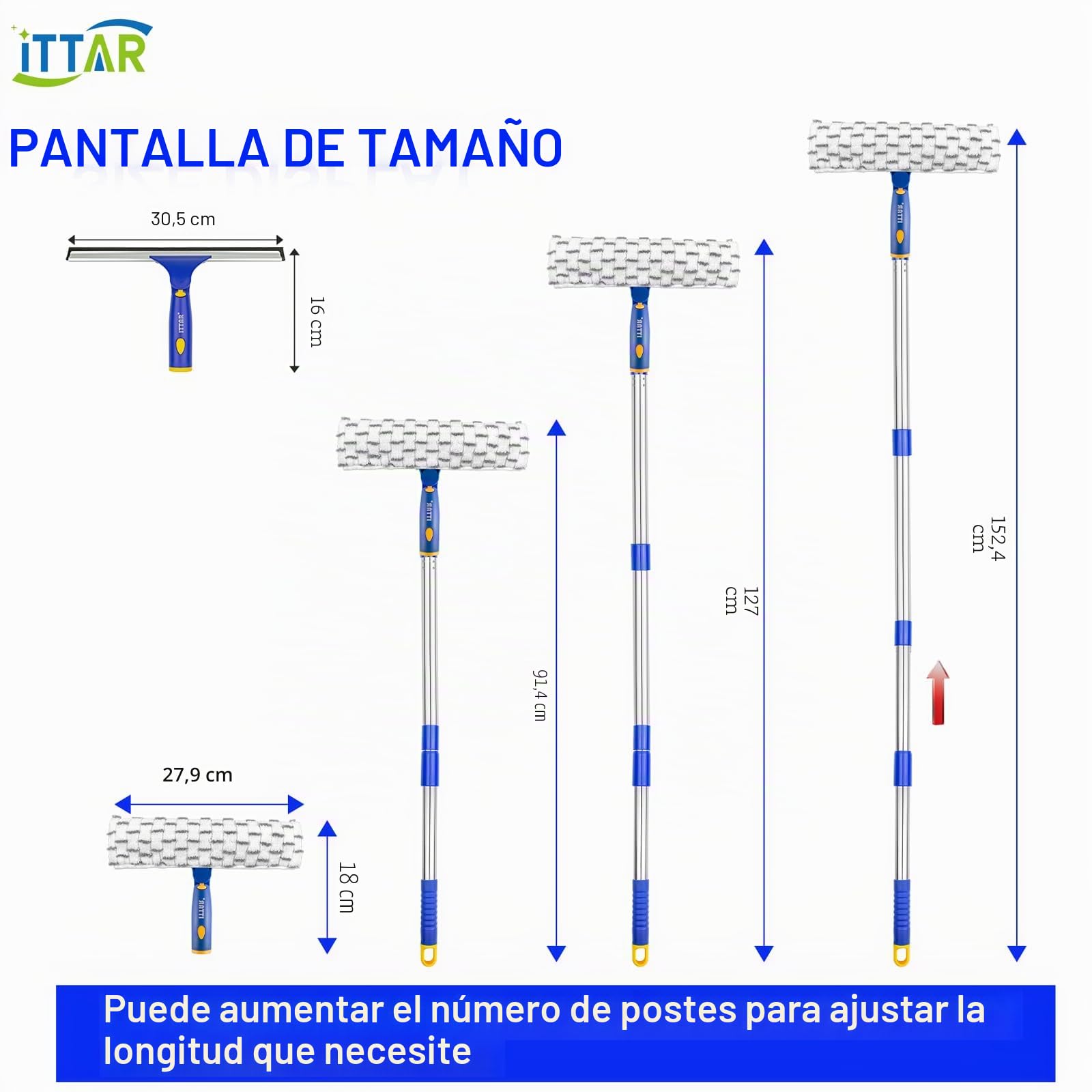 ITTAR Limpiacristales, escobilla giratoria y Estropajo de Microfibra con Poste Extensible de Acero Inoxidable de 3 Secciones, Herramienta de Limpieza de Ventanas con 2 Almohadillas de Microfibra para