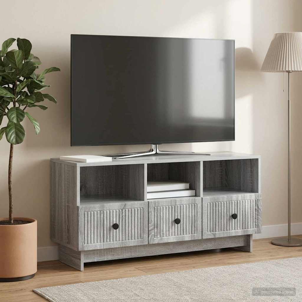 Mobile TV Sonoma grigio, 102 x 34,5 x 50 cm, in legno con vano portaoggetti, gestione dei cavi e 3 cassetti per soggiorno moderno, home theater, console multimediale, mobile TV, credenza