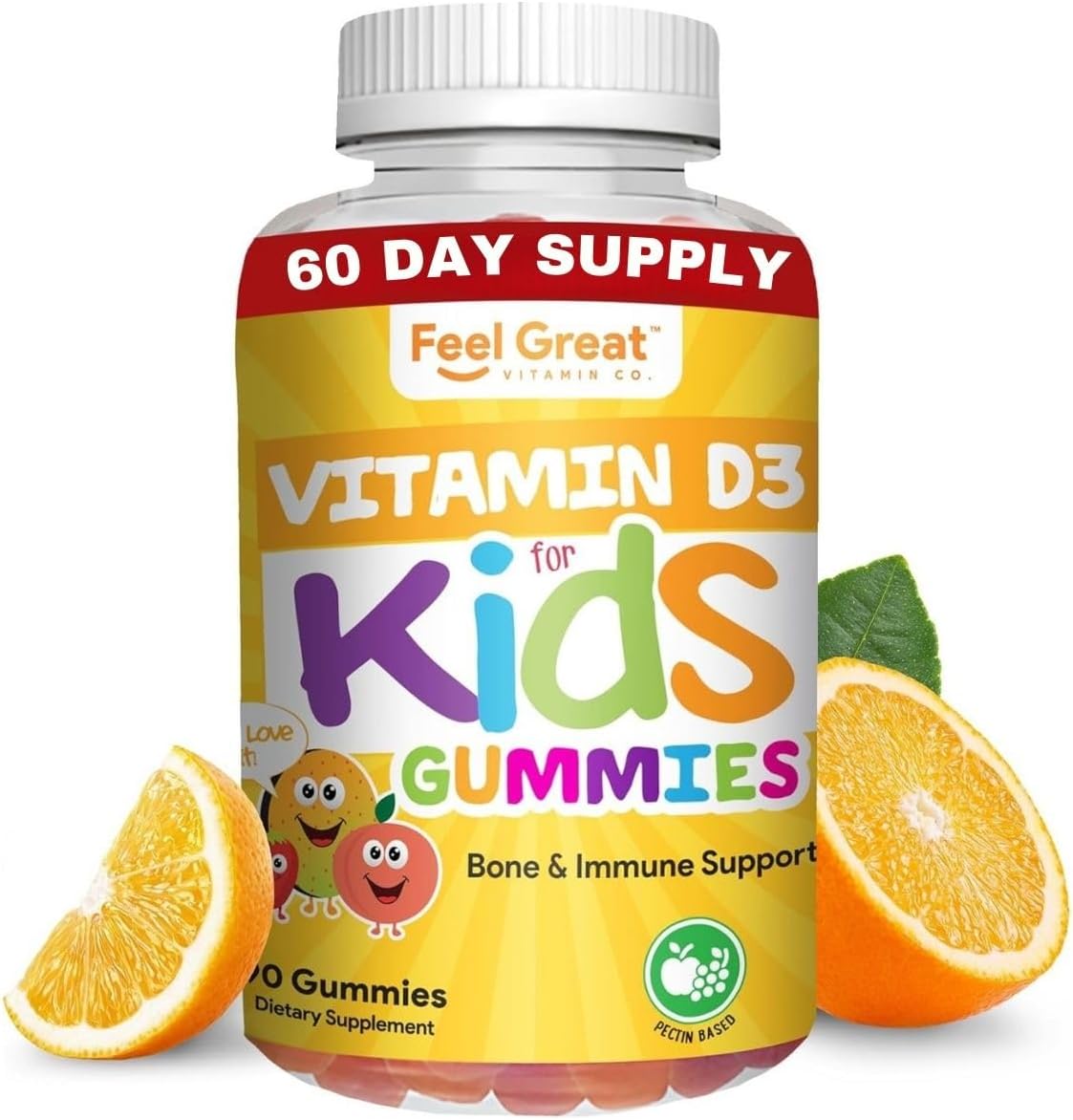 Vitamin D3 1000IU Gummy Vitamins for Kids (60 Day Supply) by Feel Great Vitamin Co | 60 Gummies | Delicious Plant Based Gummies | Supports Healthy Bones, Teeth, Mood, Immune System*