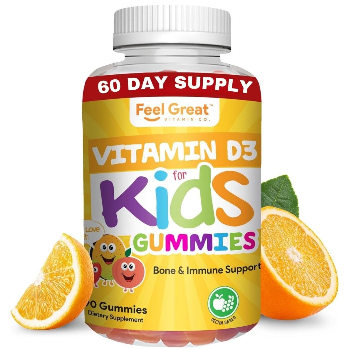 Vitamin D3 1000IU Gummy Vitamins for Kids (60 Day Supply) by Feel Great Vitamin Co | 60 Gummies | Delicious Plant Based Gummies | Supports Healthy Bones, Teeth, Mood, Immune System*