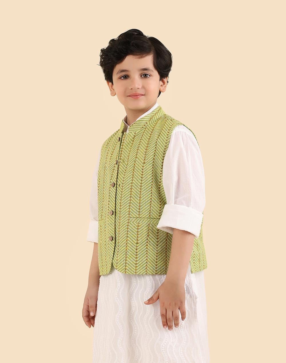 Fabindia Giacca Nehru con colletto mandarino stampato verde per bambini, verde, 3-4 anni