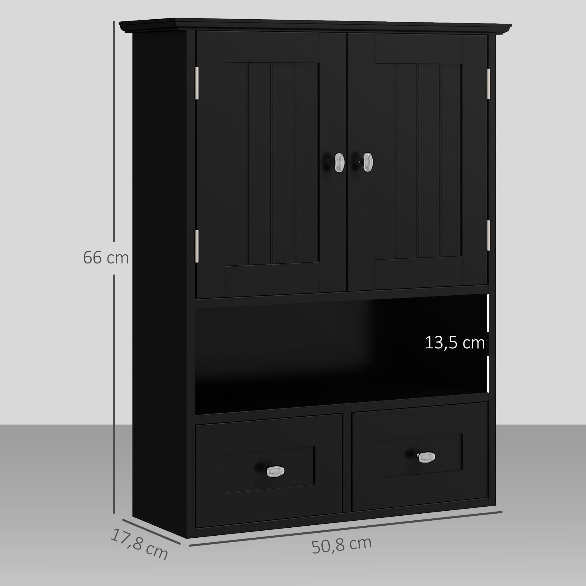 kleankin Armario de Baño de Pared, Armario Colgante, Mueble Suspendido de Baño, 2 Puertas con Cierre Magnético, 2 Cajones y Estante Abierto, para Cocina, Lavadero, 50,8x17,8x66 cm, Negro