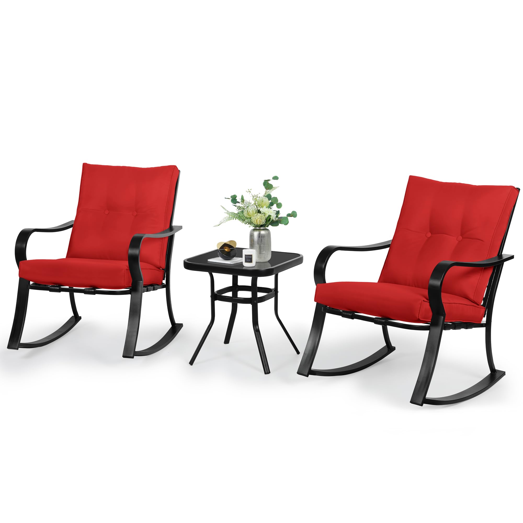 SOLAURA 3 Piece Outdoor Rocking Chairs Bistro Set, Metal Frame Patio Conversation Sets with Glass-Top Coffee Table and Cushions (Red)