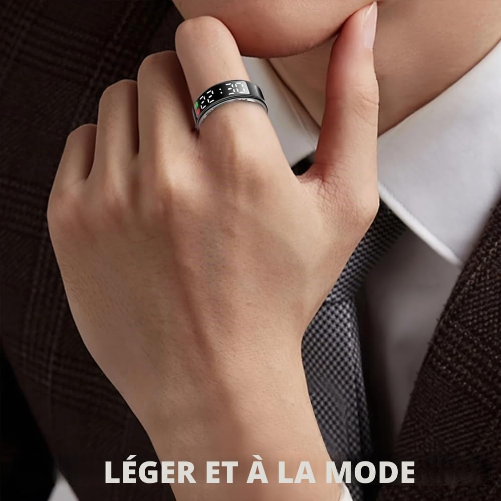 Bague connectée avec écran Tactile et Moniteur de fréquence Cardiaque, boîtier de Chargement sans Fil Noir de 18,2 mm de diamètre intérieur