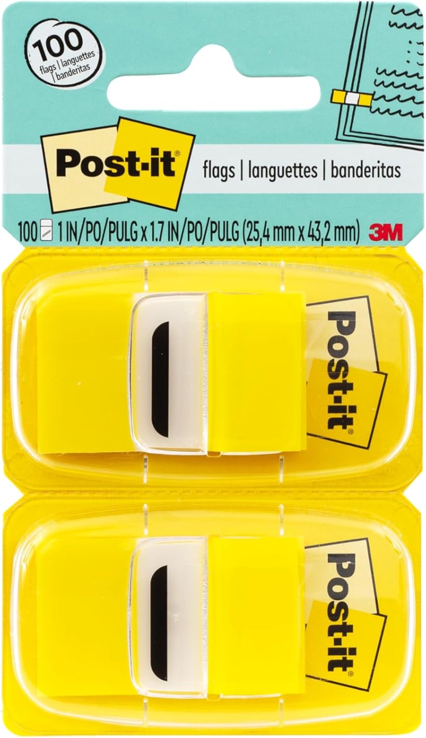 Post-it Flags, 1 in. x 1.7 in., Twelve Dispensers with 50-Count Yellow Sticky Tabs Per Dispenser (600 Flags Total), Removable Page Markers for Books, Planners, Calendars, and Other Paper Types