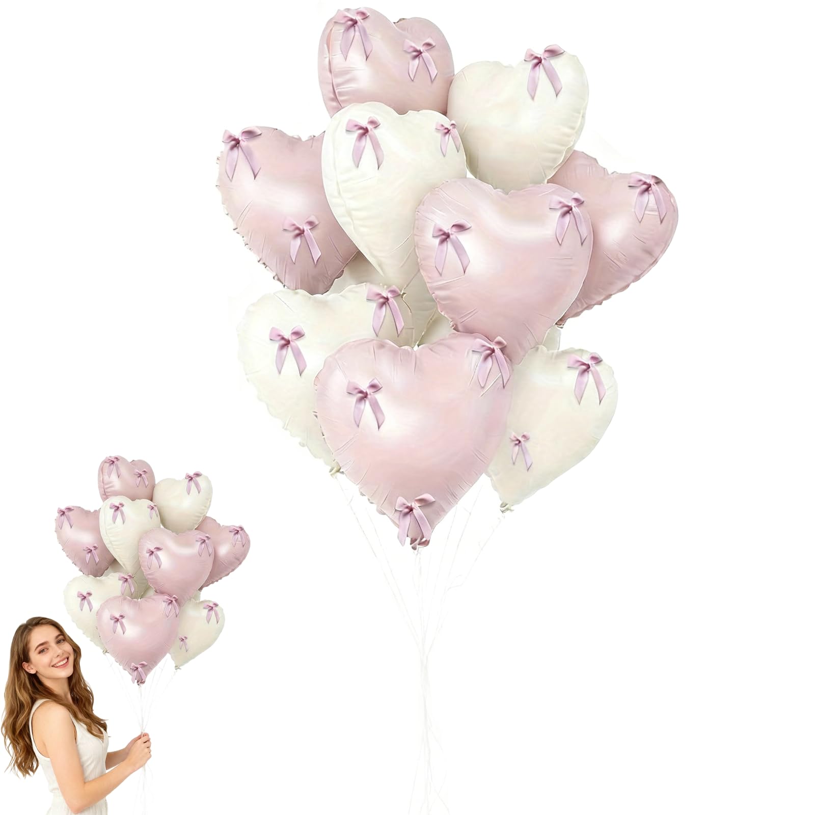 10Pcs Bow Balloons, Pink and White Heart Balloons with 30Pcs Bows, Romantic Decorations for Weddings, Birthdays, Baby Showers, Valentine's Day, Includes Pink Ribbon and Adhesive Tape