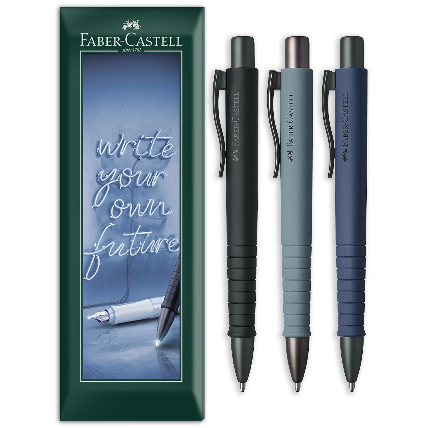 Faber-Castell Poly Ball XB Ballpoint Pen | Extra Broad Nib | Multicoloured Barrels, Blue Ink | Stationery Set for Office, Home, Work | Envelope Gift Pack of 3 Pens (All Black, Stone Grey, Navy Blue)