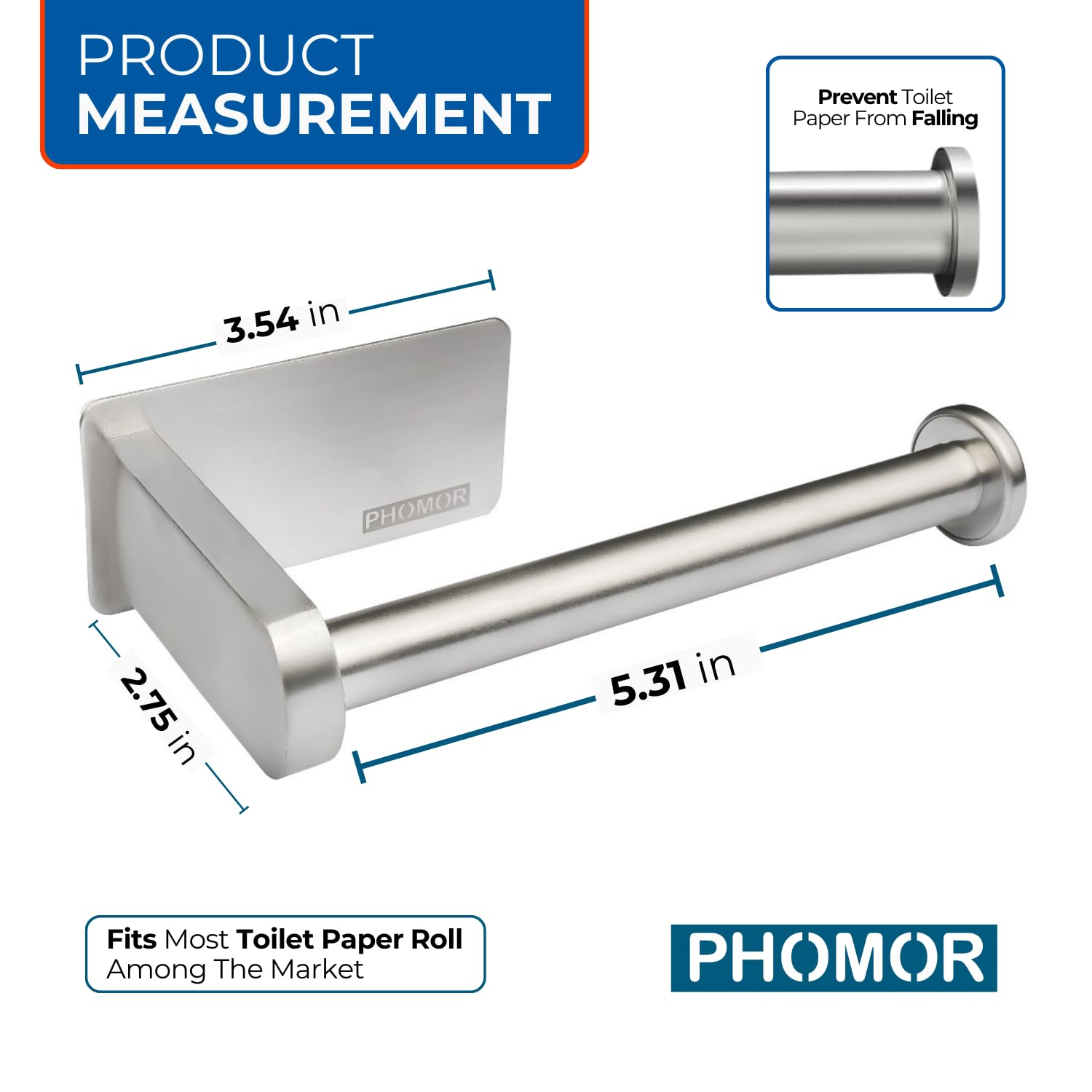 Phomor Self-Adhesive Toilet Paper Holder: No Drilling, Stainless Steel, Brushed, Silver Finish, Rust and Water Resistance