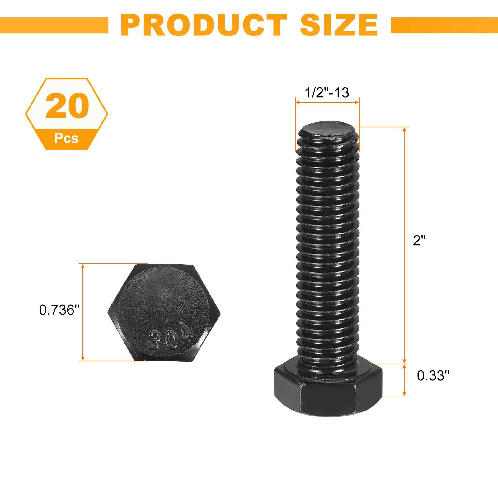 QUARKZMAN 20Pezzi 1/2-13 x 2" Bulloni Testa Esagonale, Acciaio Inossidabile 304 Bullone Testa Esagonale Filettato, Finitura in Ossido Nero, Bulloni per Costruzioni, Nero
