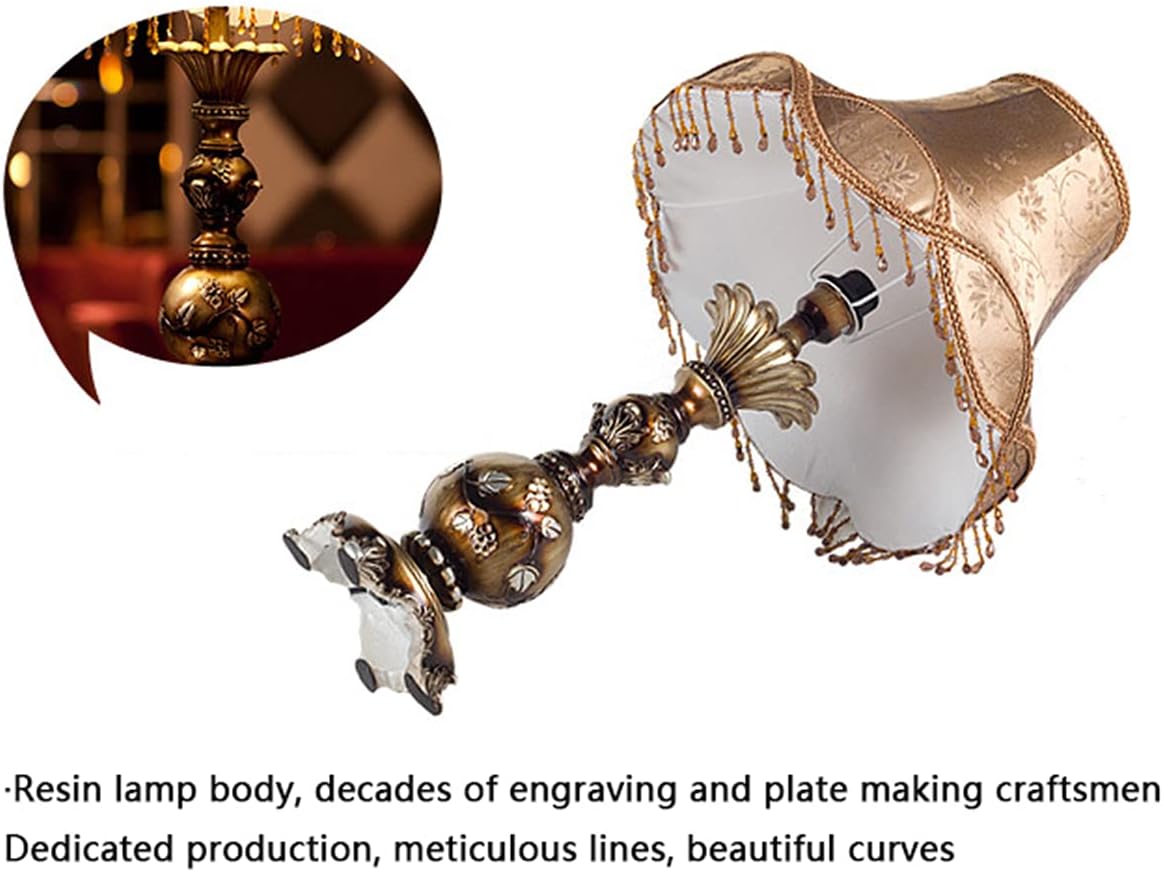 E27 Retro Table Lamp Bedside Resin Desk Light 21" European Romantic Warm Handmade Princess Lamp for Bedroom Living Room Office Study,Fabric Shade,Gold