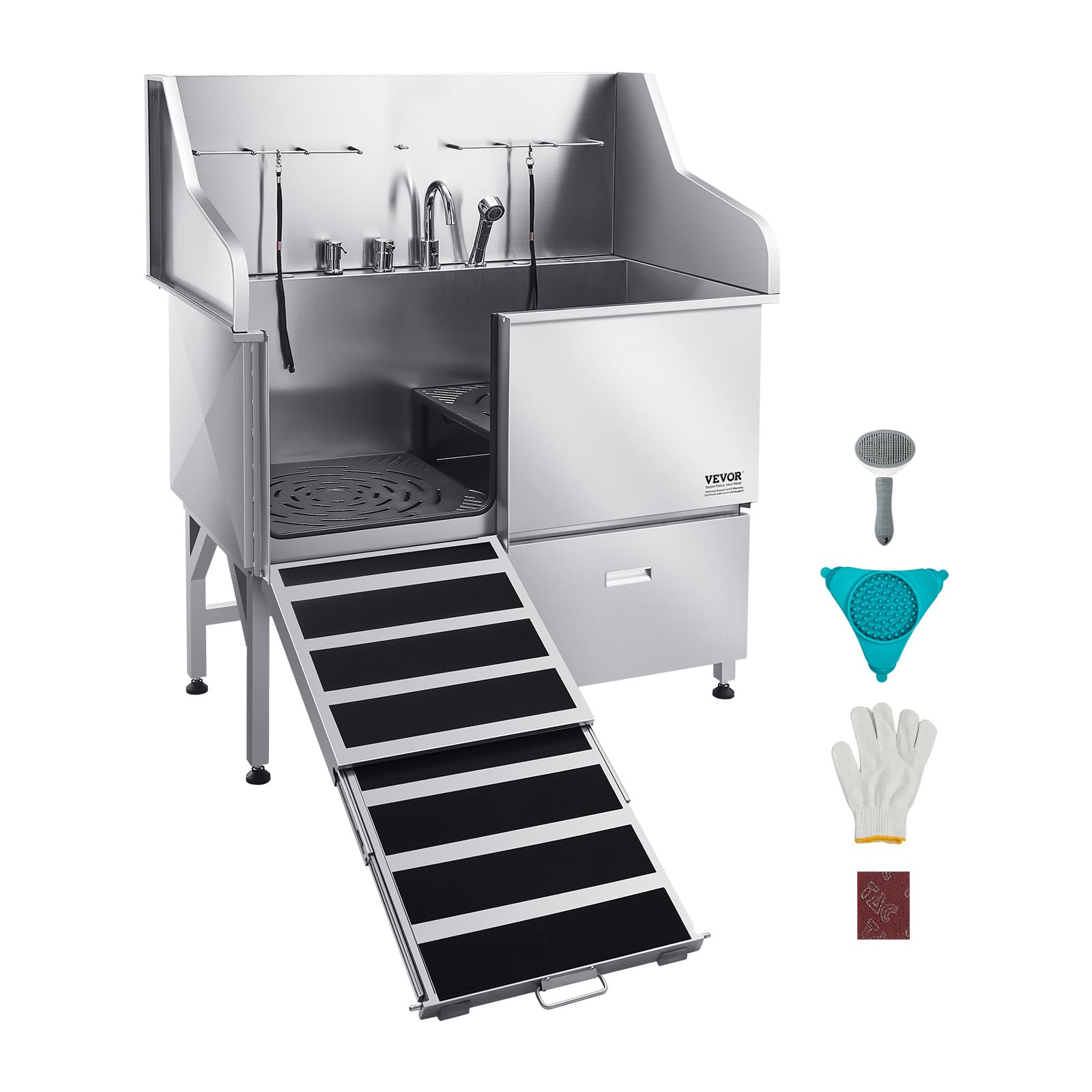 VEVOR Stainless Steel Dog Washing Station, Professional 50 inch Pet Grooming Tub w/Ramp, Dog Tub Faucet & Showerhead & Soap Holder Leash Dog Bathtub for Large & Medium & Small Pets (Left Door)