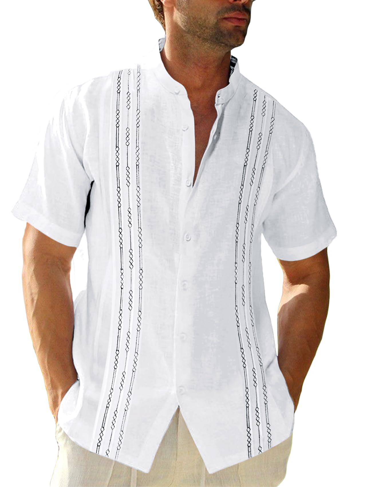 Runcati Mens Short Sleeve Guayabera Shirts Linen Cotton Button Down Mexican Embroidered Cuban Wedding Shirt Summer Beach Tops