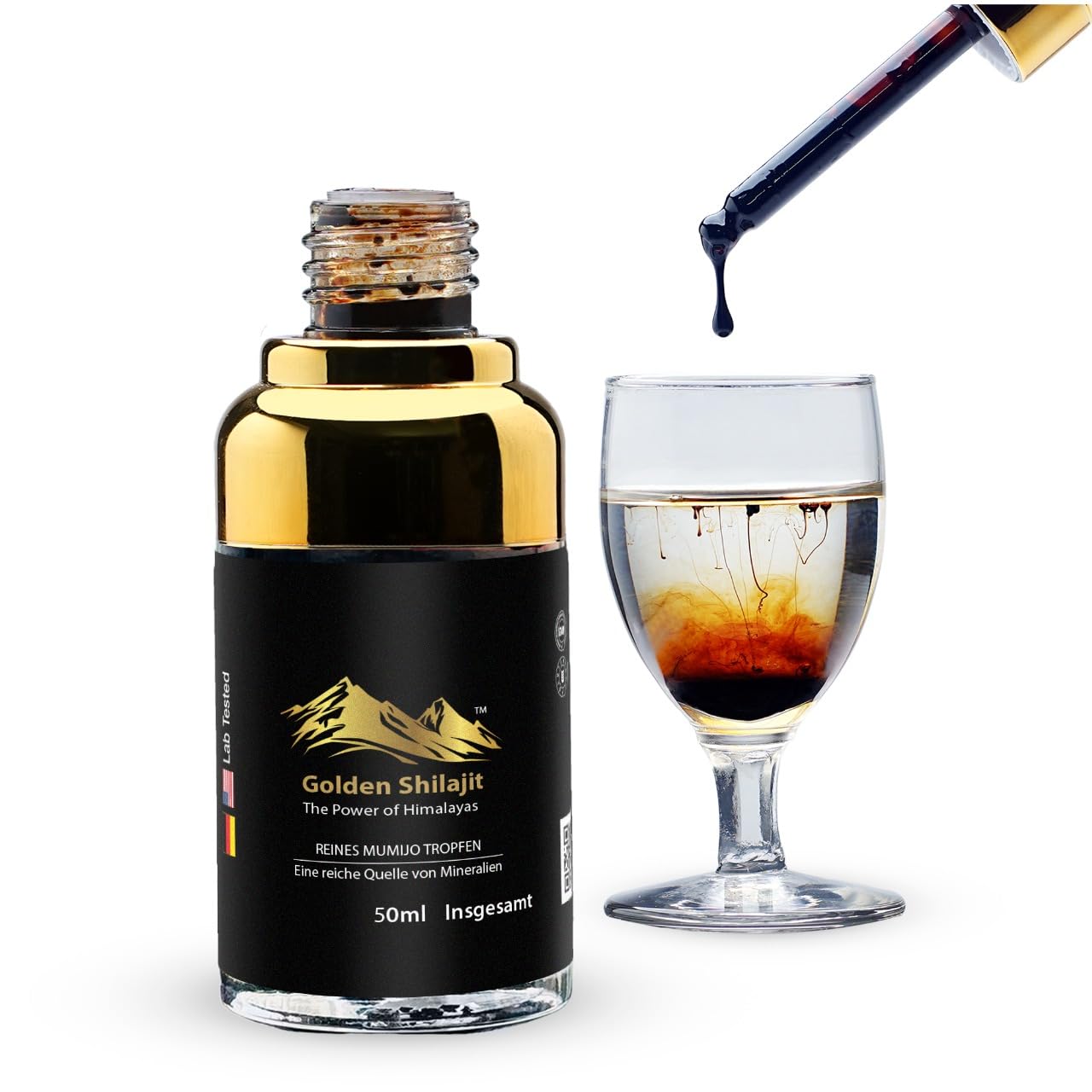 Goldene Shilajit-Tropfen 50 ml Flüssiges Himalaya-Mumijo-Shilajit 100-Tage-Vorrat Komplex mit über 85 Mineralien&Spurenelementen Fulvinsäure und Huminsäure Rein natürlich Vegan Laborgeprüft