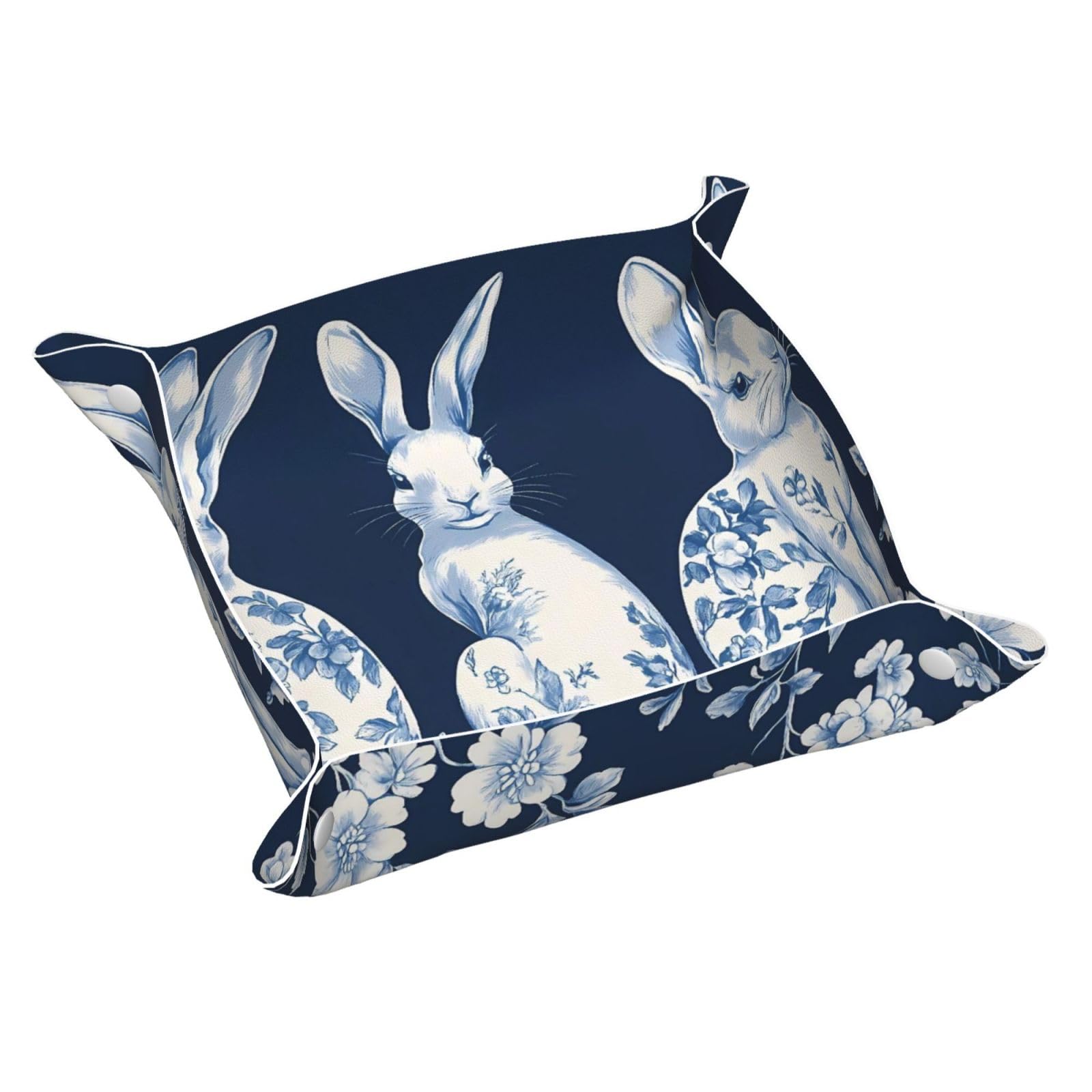 HLBSDM Charming Blue White Floral Bunnies Tray Men's Leather Valet Parking Portable Entrance Trays Bedside Storage Box