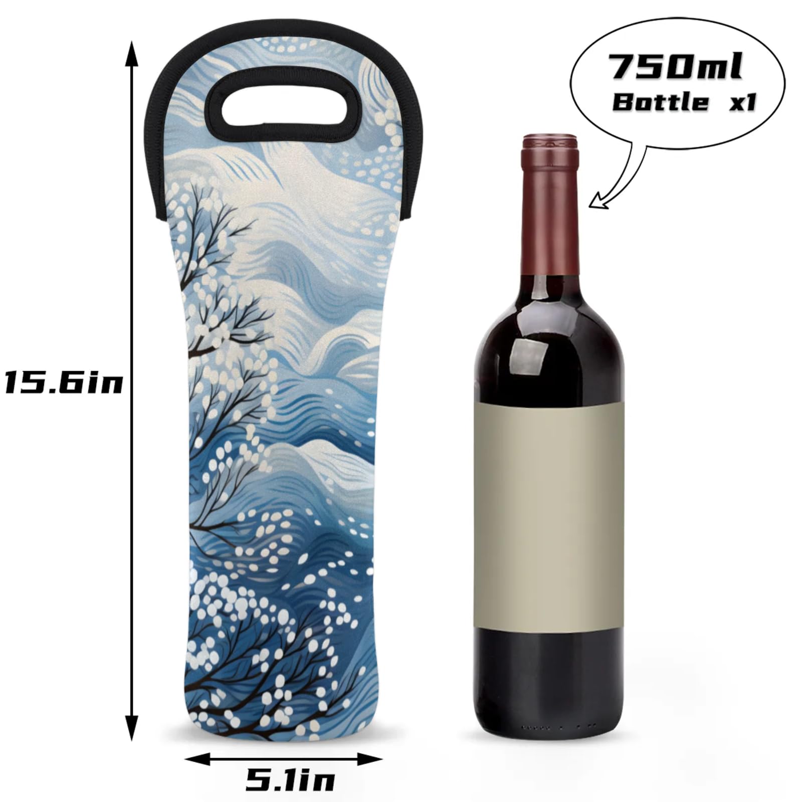 Neoprene Wine Tote Carrier Bag for Wine,Water, Champagne, Beer, Baby Bottles 15.6 x 5.1 Inches, Protective Wine Bag,Winter Tree