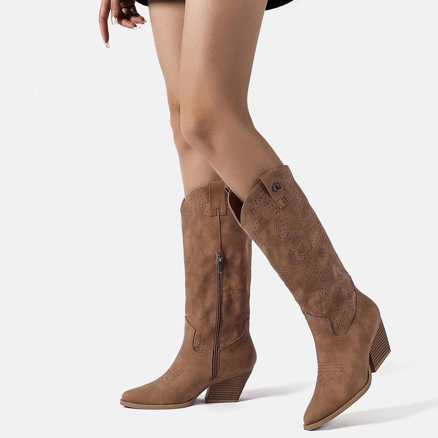 QUEEN HELENA Camperos Botas Texani Perforados con Tacón Western Cowboy Punta Botines con Cremallera Lateral Mujer X28-100