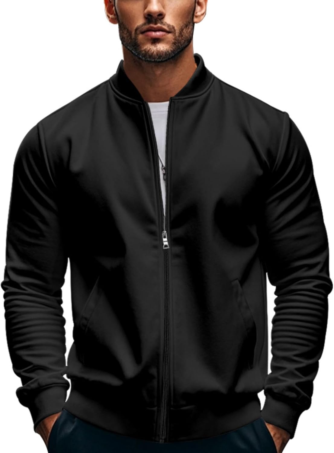 Mens Lightweight Full Zip Jacket Stand Collar Slim Fit Casual Outerwear Athletic Spring Fall