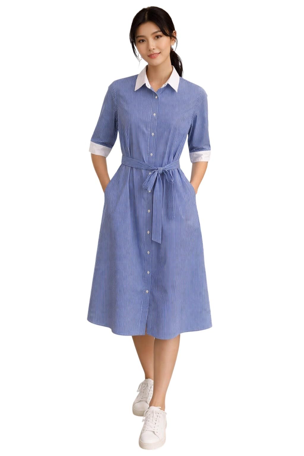 Dennis Lingo Women Stripe Blue White Smart Casual Shirt Dress in white