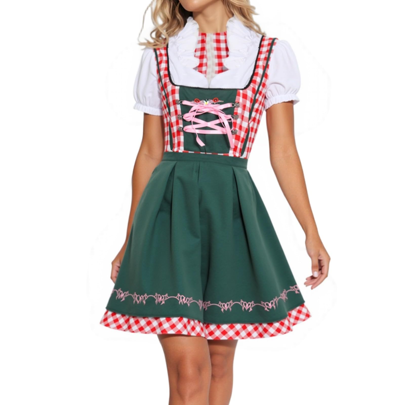 SKFLABOOF Dirndl Damen Midi Trachtenkleid mit Schürze Lang Trachtenmode für Oktoberfest Outfit Knielang Dirndlkleid