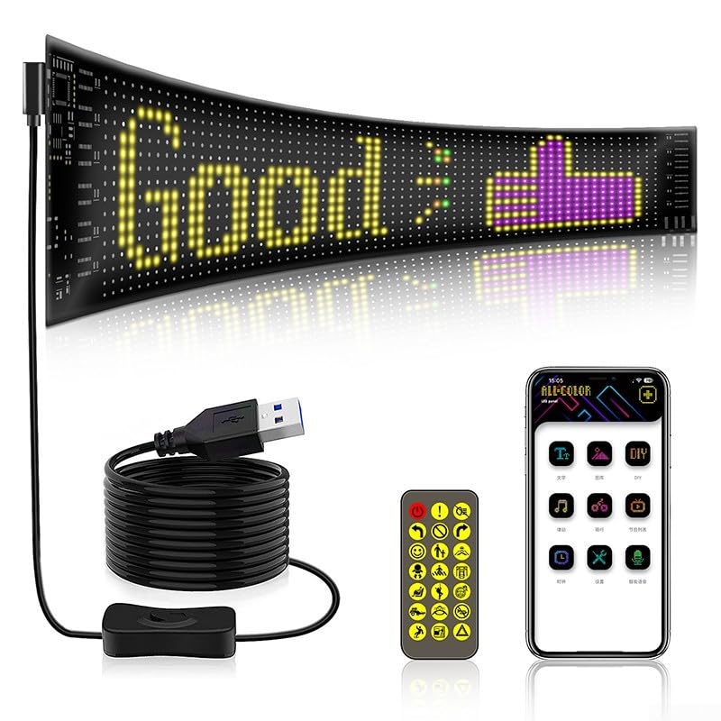 Panneau LED à défilement, panneau couleur RVB flexible, affichage LED programmable, motif de texte personnalisé, pour voiture, bar, fête, festival (20 x 64 (102 x 348 mm)