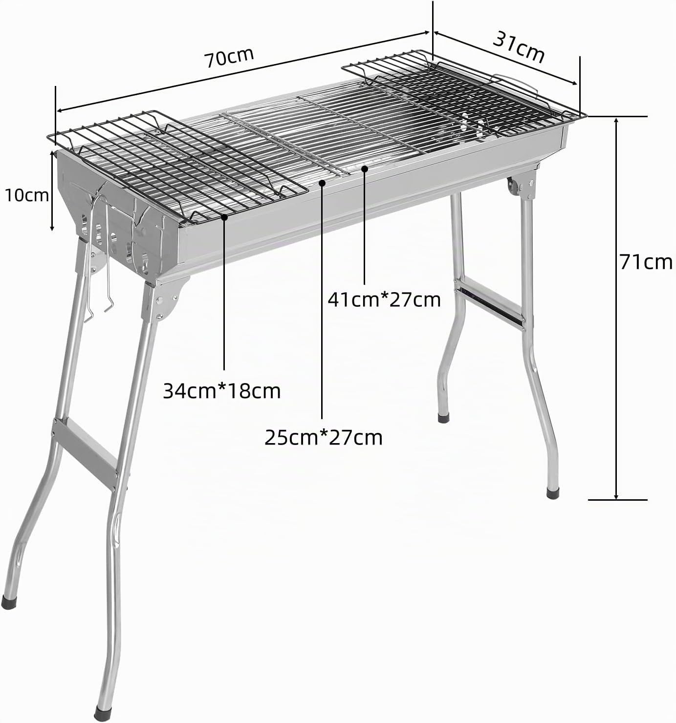 Leadzm - Barbacoa de carbón de leña, acero inoxidable, barbacoa plegable de camping, 70 x 31 x 71 cm, exterior, terraza, camping, barbacoa, uso de 5 a 10 personas (70 x 31 x 71 cm)