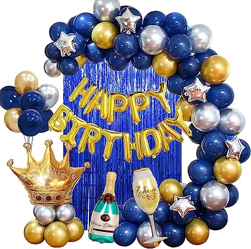 Decoração de aniversário para homem, decoração de festa de aniversário adulto homem mulheres, balões azuis Platay ouro Birthday bandeira balão cortina chuva para homem aniversário 18 º 20º 30º 40º 50º