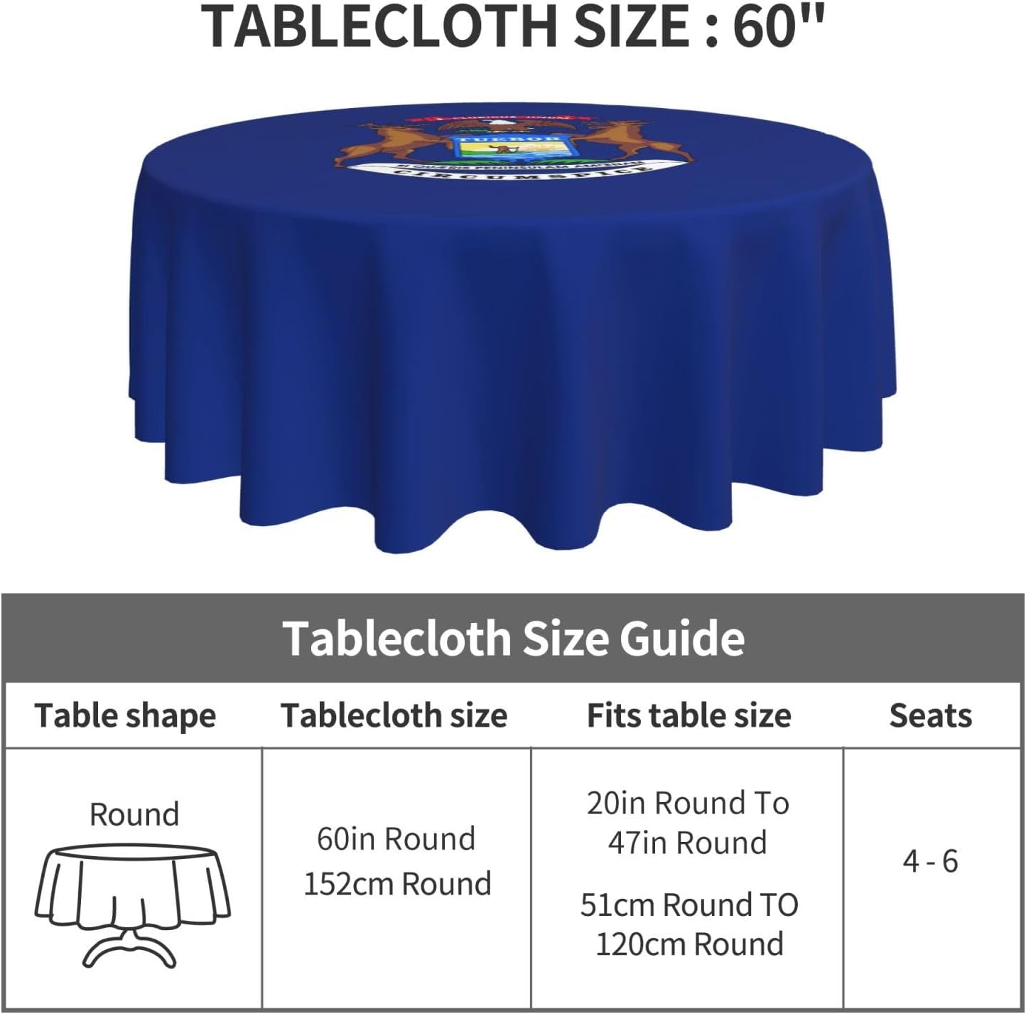 Michigan State Flag Print Wrinkle Free Dining Table Cover for Birthday Party Farmhouse Tablecloths Up to 60 x 60 Inches