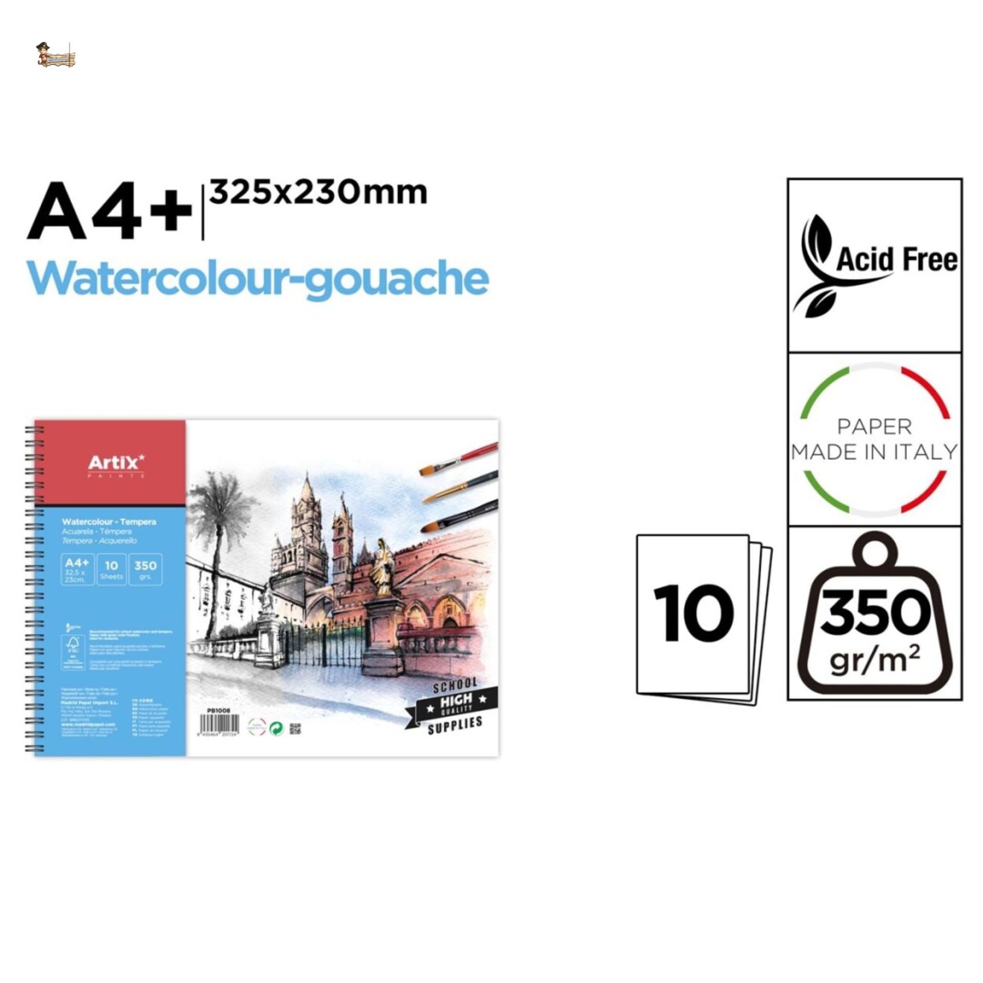 BricoLoco.com Block rysunek A4+ 10 arkuszy 350gr. Podwójny szkic spiralny. Narysuj rysunek mokre techniki, tempery, akwarele. Sztuki piękne