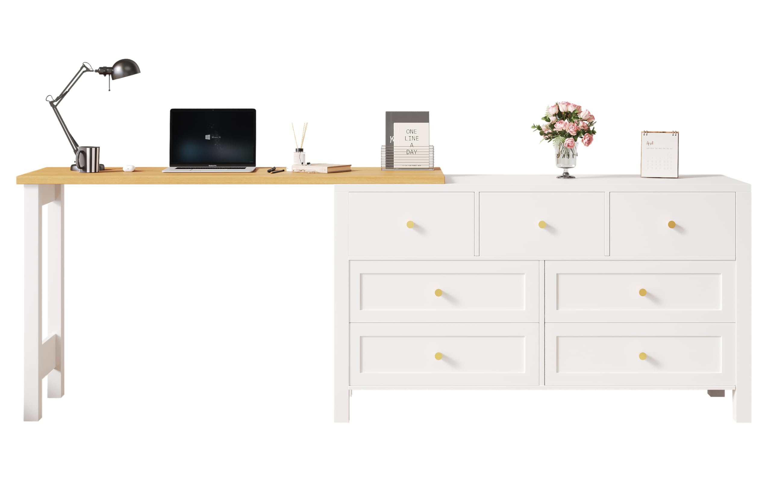 Scrivania con 7 cassetti, 2 in 1, piano girevole e credenza, effetto rovere, piano girevole a 360°, bianco/naturale, scrivania da toeletta, scrivania angolare a forma di L