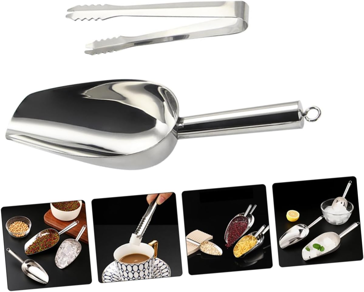 LABRIMP Stainless Steel Ice Scoop and Tong Utility Scoop for Ice Cubes Beans and Food Storage Comfortable Grip Capacity Easy to Clean Kitchen Tool