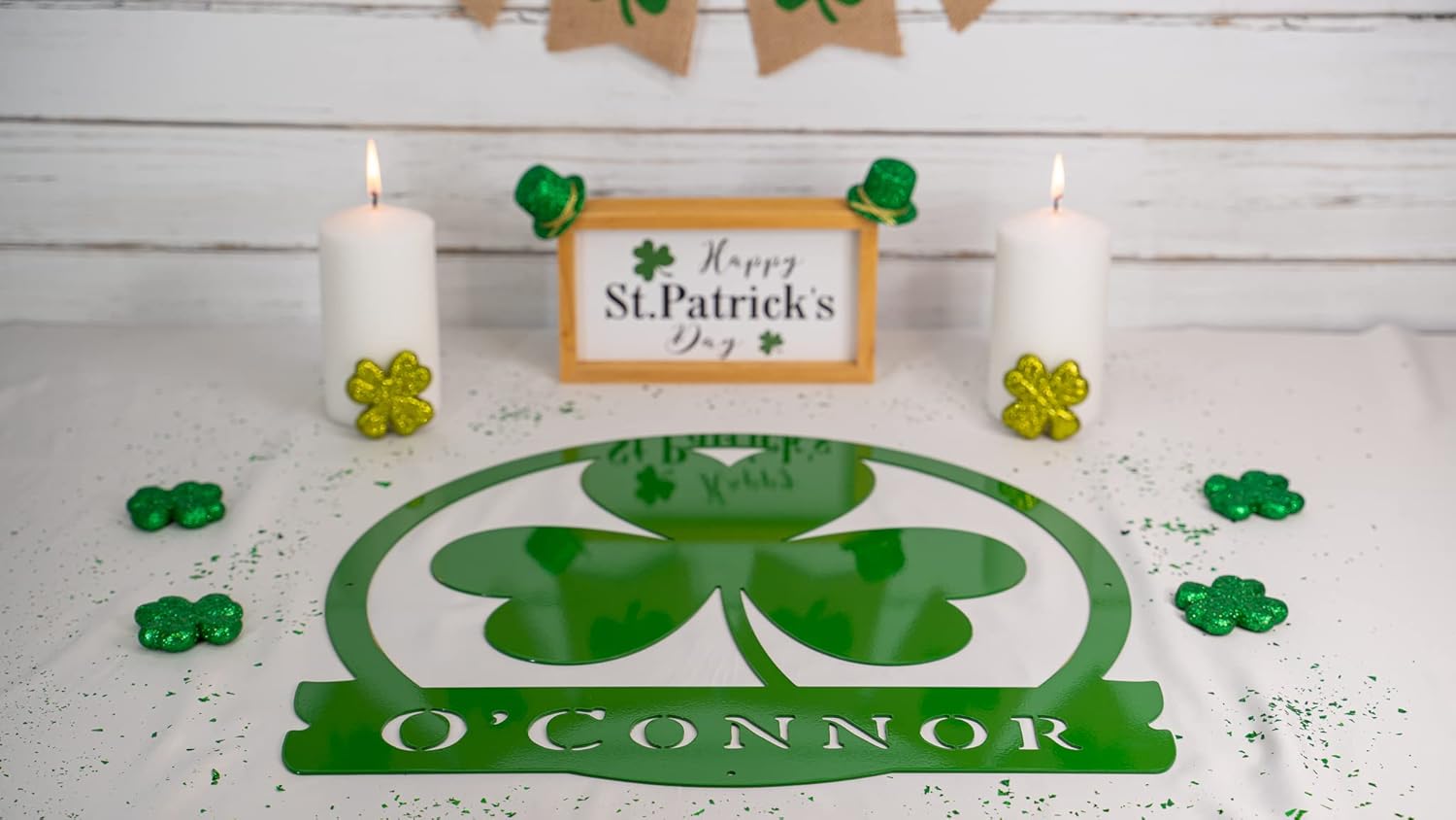 RealSteel Shamrock Monogram Metal Sign – Personalized Irish Clover Wall Art – St. Patrick’s Day Decorations – Custom Name Sign for Home, Kitchen, Entryway – Irish Heritage Gift Décor - 24", Green