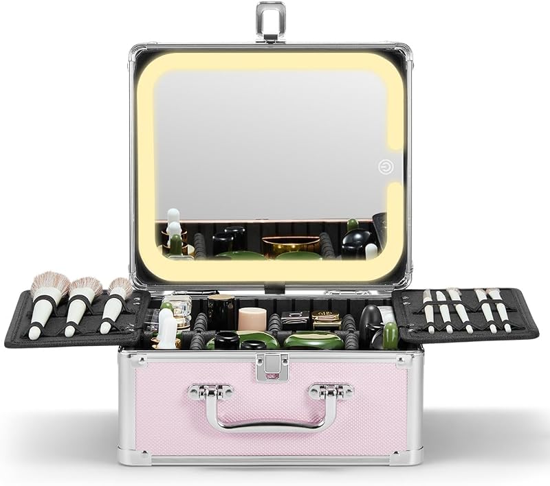 Qislee Maleta de maquiagem rígida com espelho LED magnético removível, Icy Pink