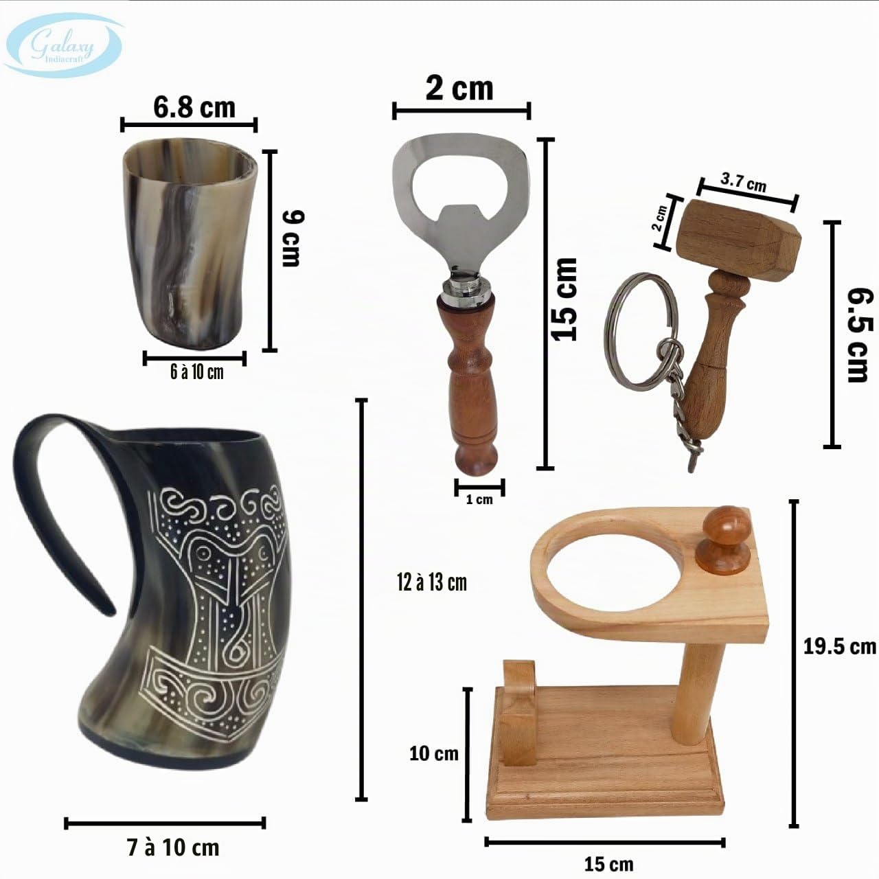 Viking Corne de bœuf | Chope | Tasse | Verre à liqueur | Décapsuleur | 100 % sans fuite | Naturel et fait à la main | Offres combinées (1 corne avec support en bois)