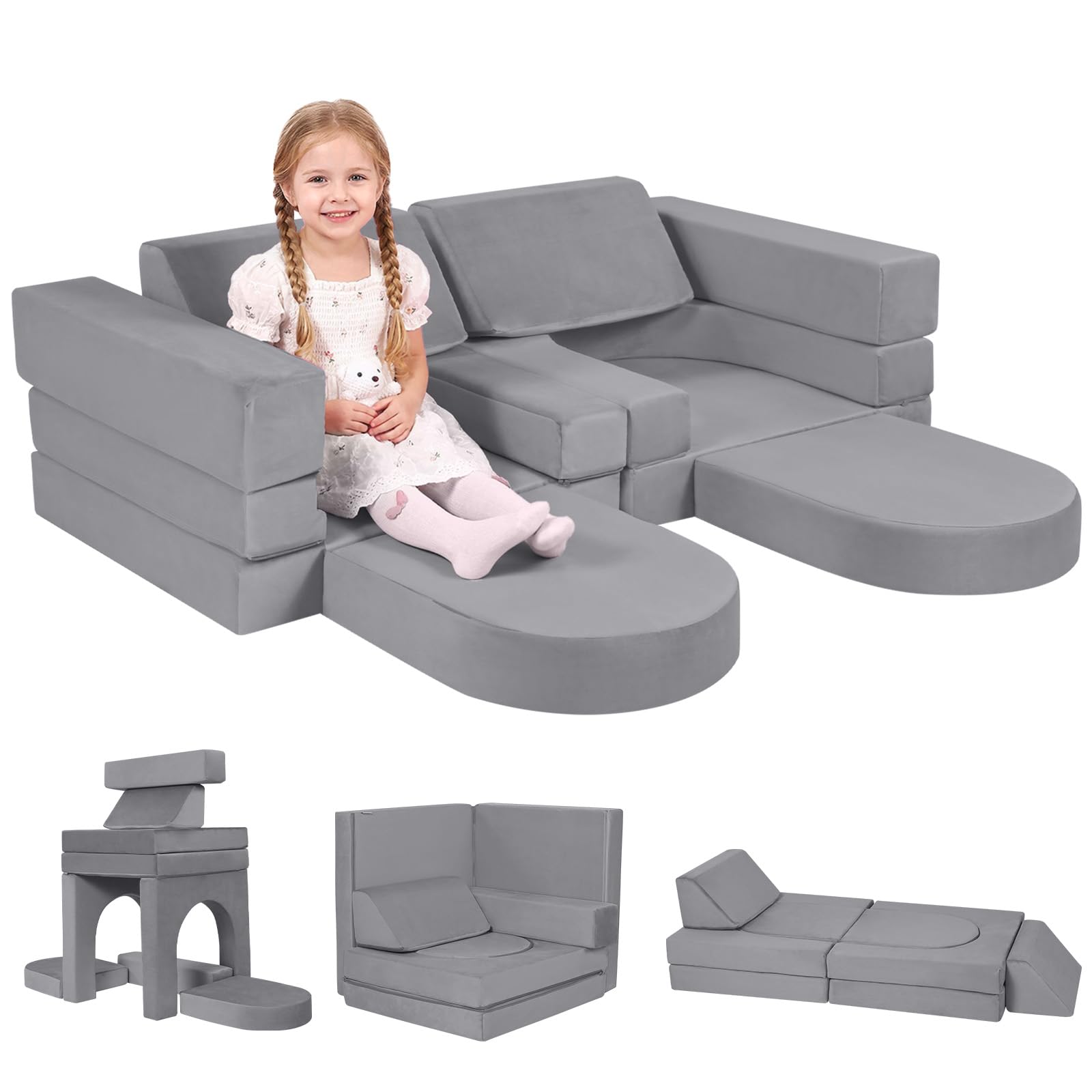 MeMoreCool 10-Pieces Kids Play Sofa Bed, Modular Toddler Chair Couch for Playroom, Fold Out Foam Couch for Girls Boys, Convertible Children Sectional Playset, Grey — image 1